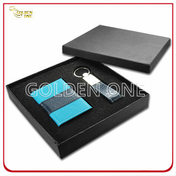 Soporte de tarjeta de cuero de negocios y conjunto de regalos de anillo de llaves