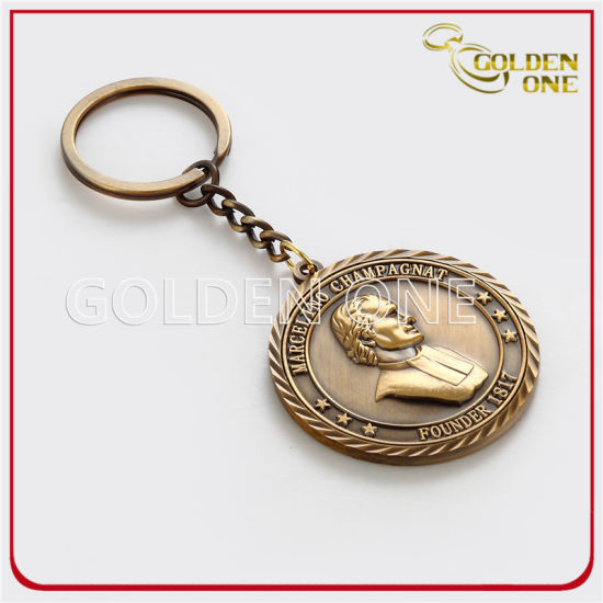 Llavero de metal dorado antiguo 3D con forma de moneda personalizada
